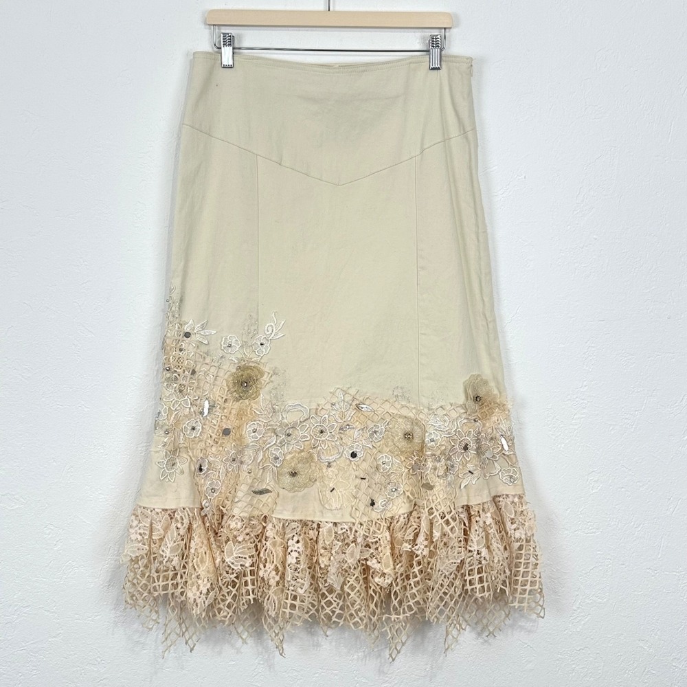 Vintage West 36th Western Boho Y2K Skirt Sz XL Denim Yoked Lace Embellished